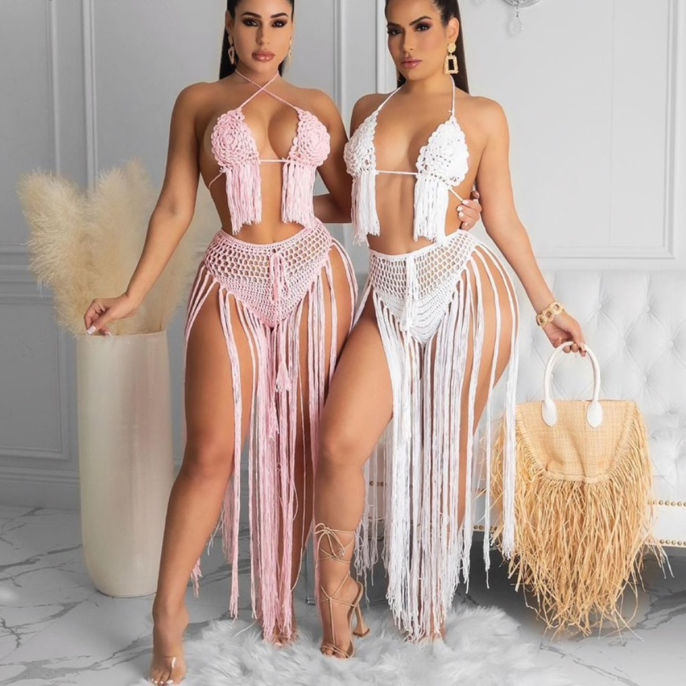 2 PIECE CO ORD SET PINK CROCHET TOP & SKIRT SET HAND KNIT CROCHET BIKINI SKIRT